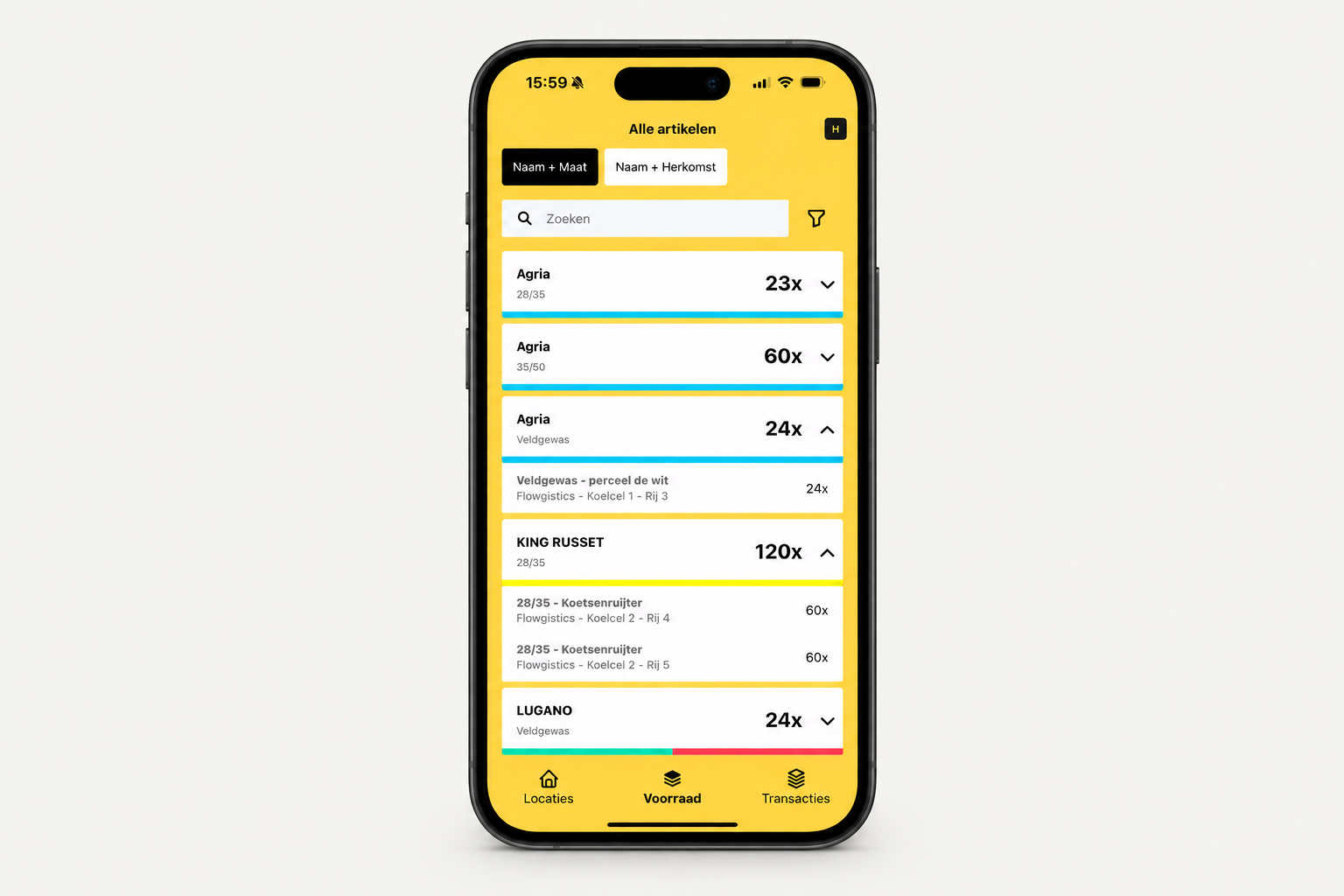 Het voorraadoverzicht in de HeyStack app op een iPhone