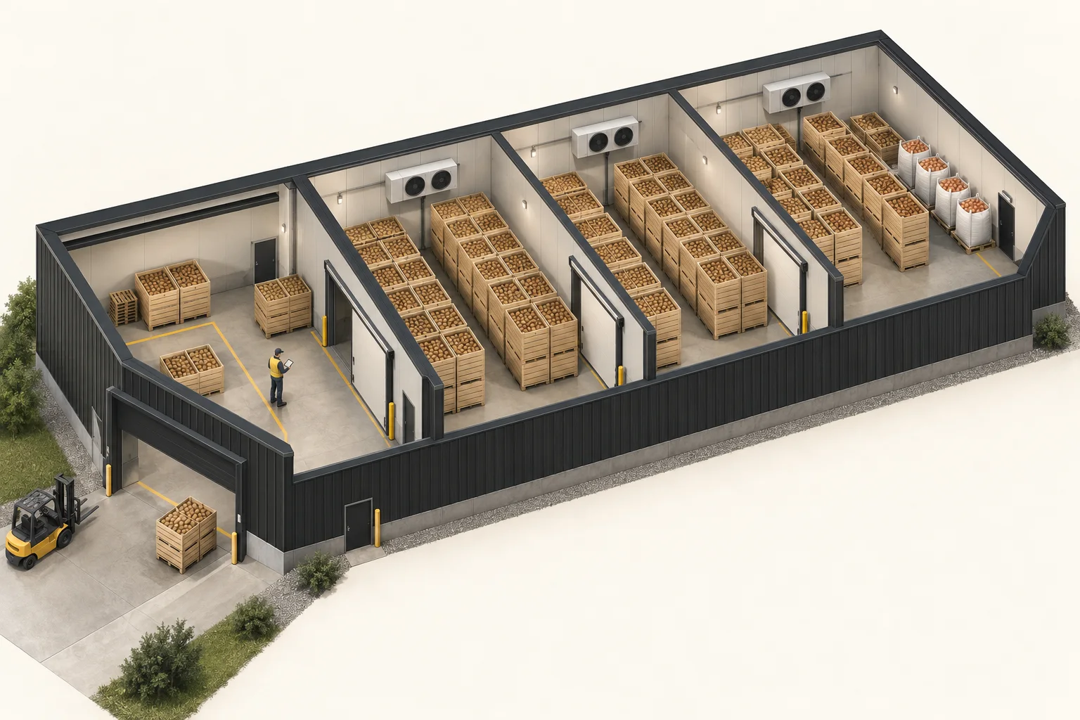 Illustration of an agricultural store with cold rooms, rows and potato crates