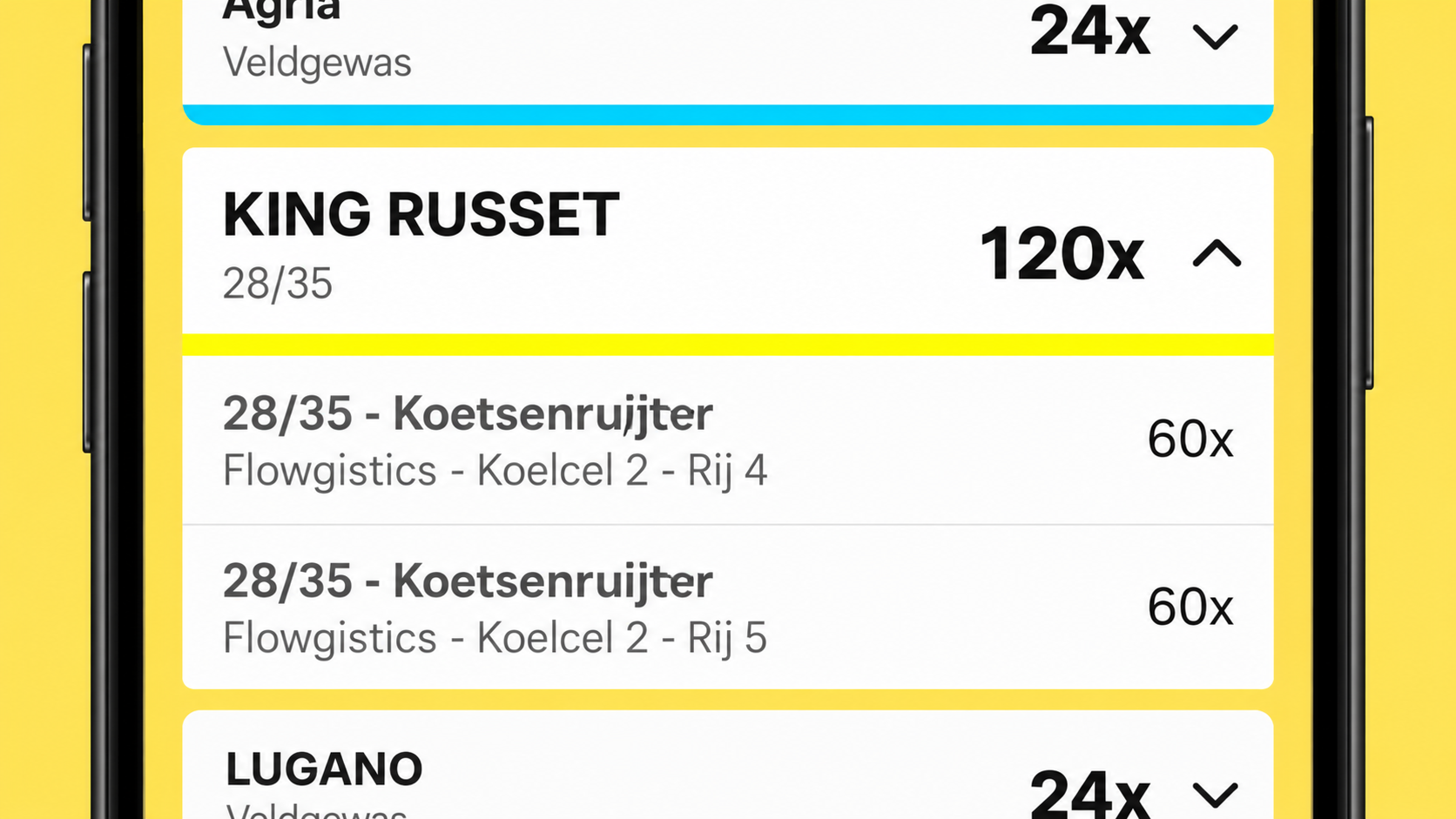 iPhone-mockup van de HeyStack-app met 120 kisten KING RUSSET 28/35, verdeeld over twee rijen