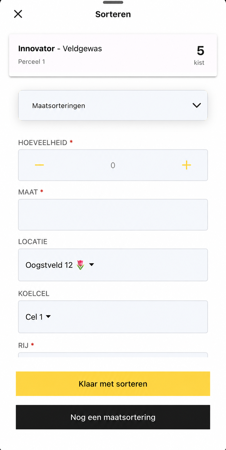 HeyStack-scherm voor maatsortering van vijf kisten Innovator Veldgewas, met velden voor hoeveelheid, maat en opslagplek