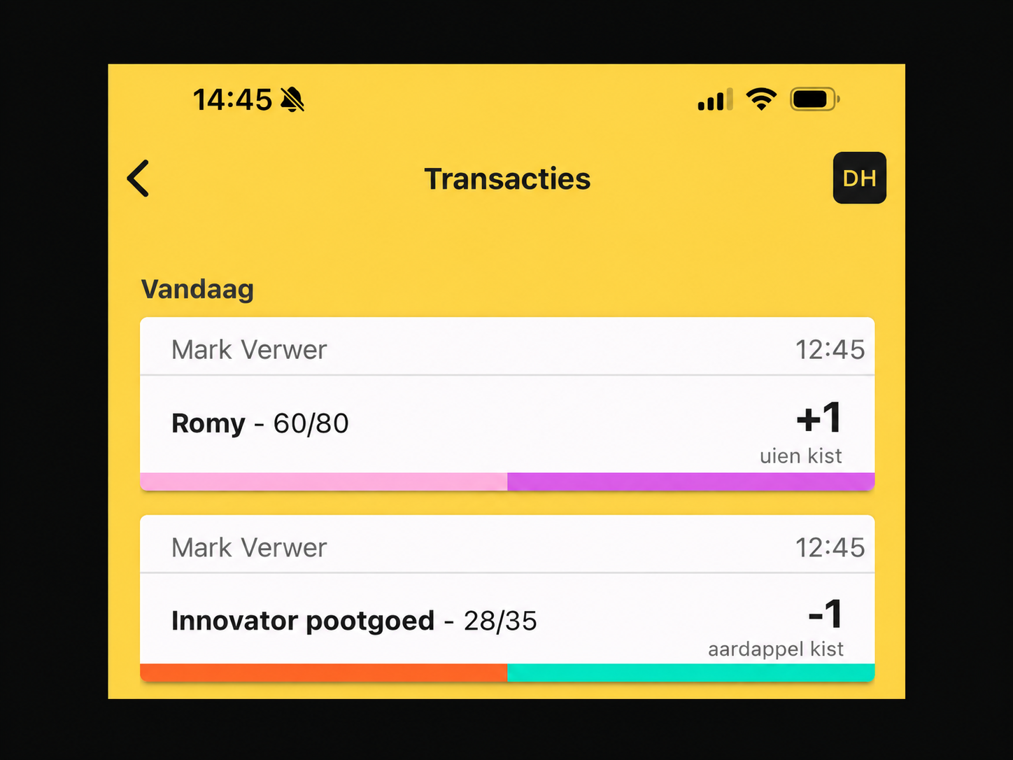 HeyStack-app met recente voorraadtransacties en wijzigingen in aantallen