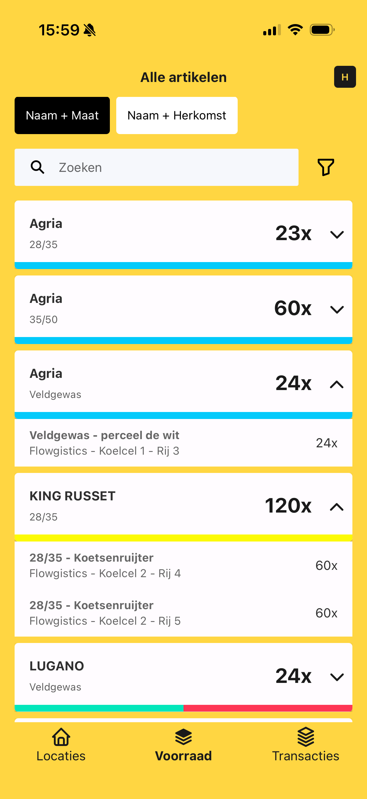 HeyStack inventory overview showing 120 crates of KING RUSSET across rows 4 and 5 in cold room 2